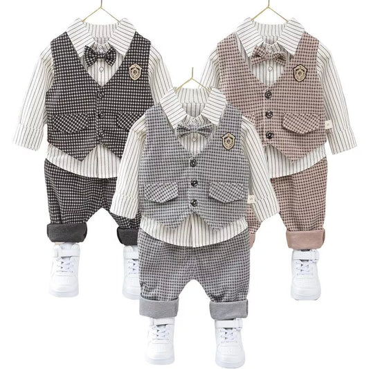 Elegant Set for Boys Casual Wear Striped Shirt Vest Pants Costume