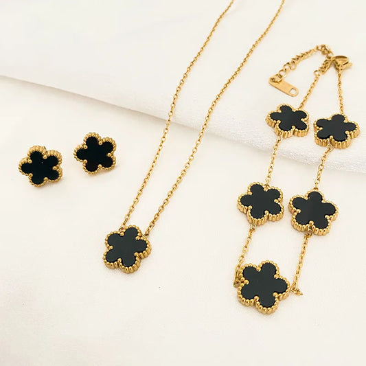 3Pcs Luxury Five Leaf Flower Pendant Necklace Earrings Bracelet for Women Set